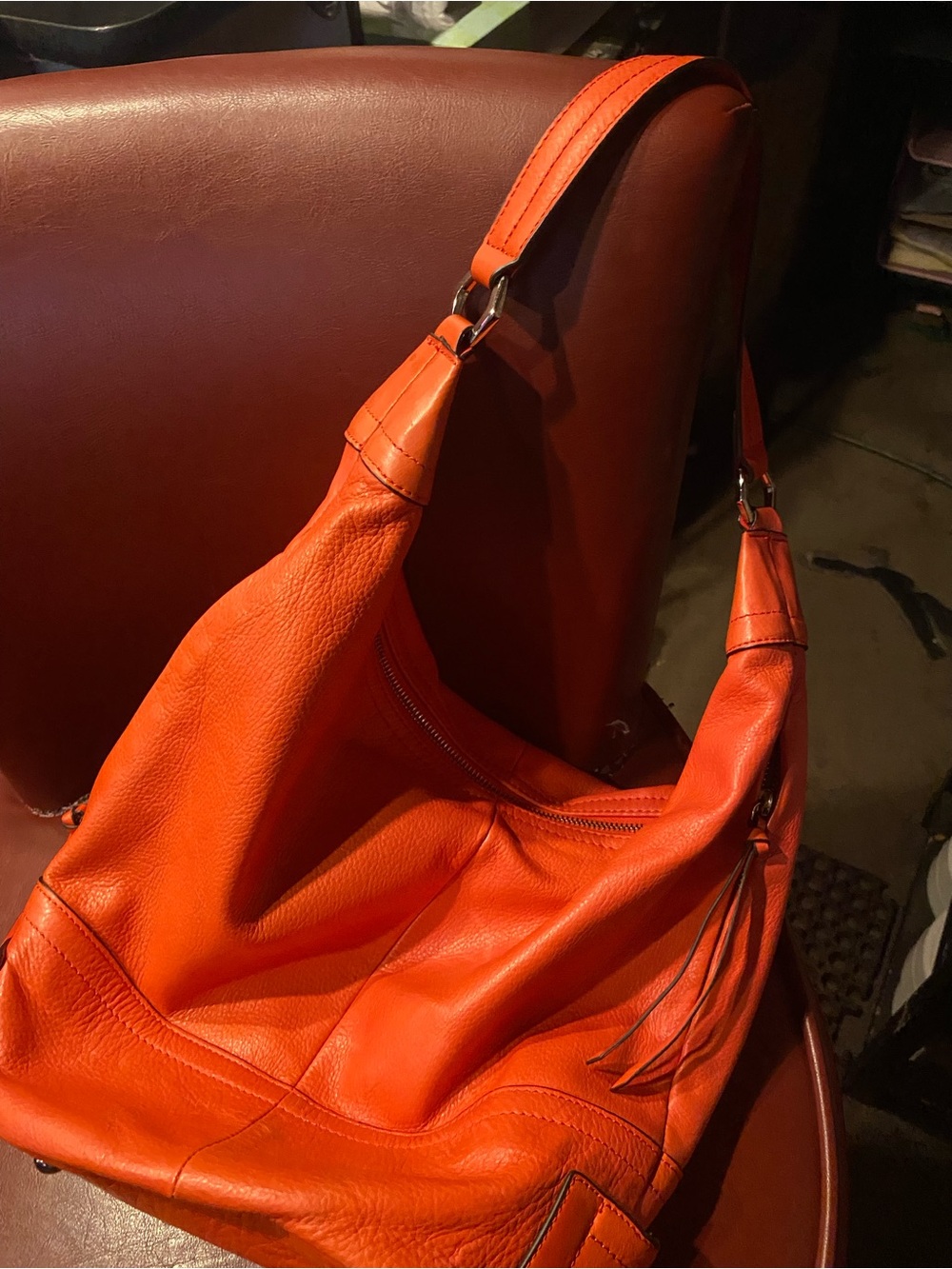 b. makowsky Vibrant Orange Pebbled Leather Hobo - Picture 2 of 8
